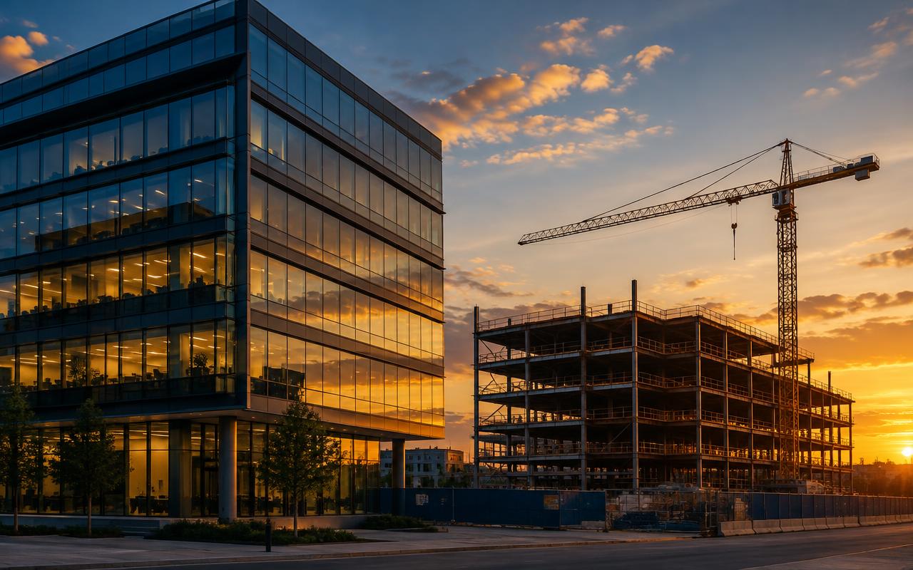 Commercial real estate building and construction site at sunset