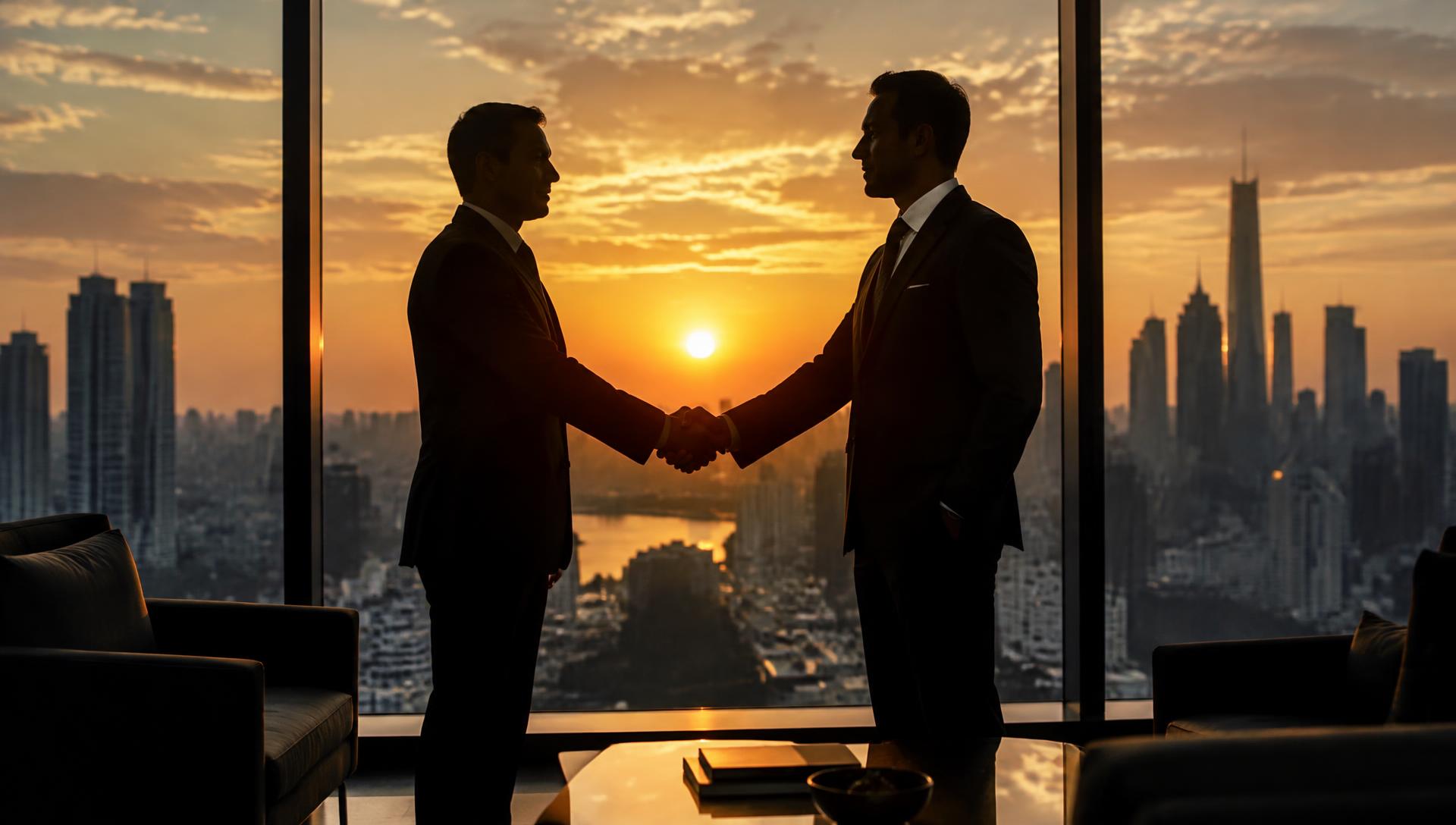 Two businessmen shaking hands in front of a city skyline at sunset